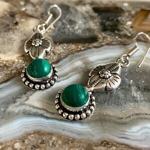 2384 Floral Silver and Green Stone Earrings
